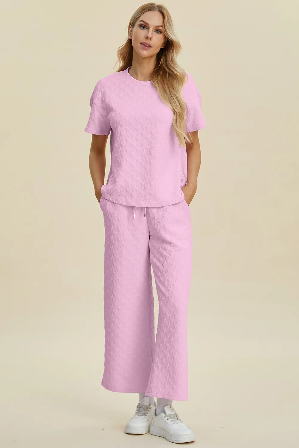 Double Take Full Size Texture Round Neck Short Sleeve Top and Pants Set - NORIVE