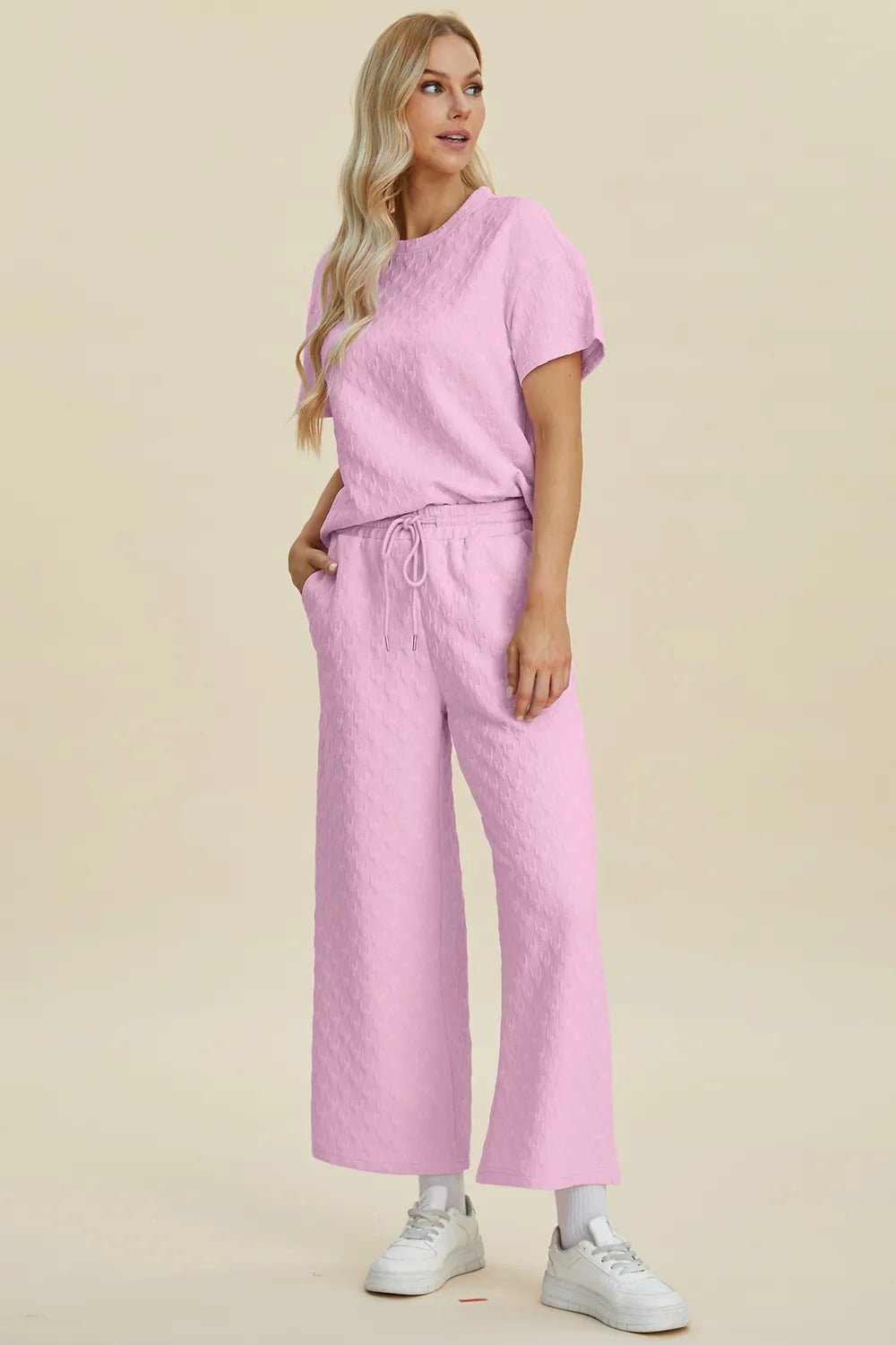 Double Take Full Size Texture Round Neck Short Sleeve Top and Pants Set - NORIVE