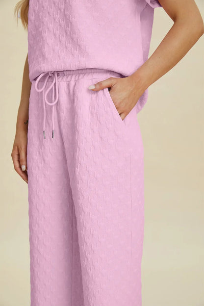 Double Take Full Size Texture Round Neck Short Sleeve Top and Pants Set - NORIVE