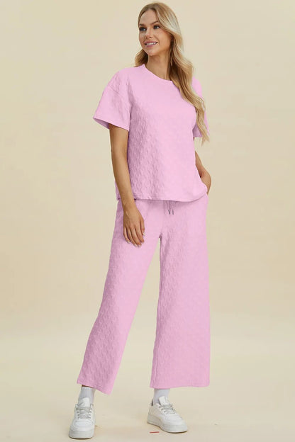 Double Take Full Size Texture Round Neck Short Sleeve Top and Pants Set - NORIVE