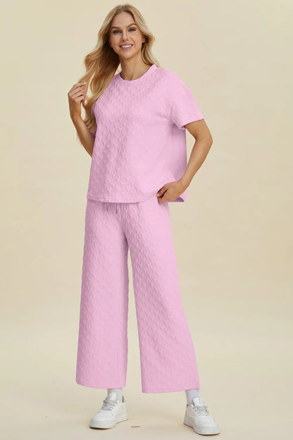Double Take Full Size Texture Round Neck Short Sleeve Top and Pants Set - NORIVE