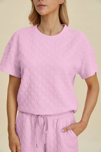 Double Take Full Size Texture Round Neck Short Sleeve Top and Pants Set - NORIVE
