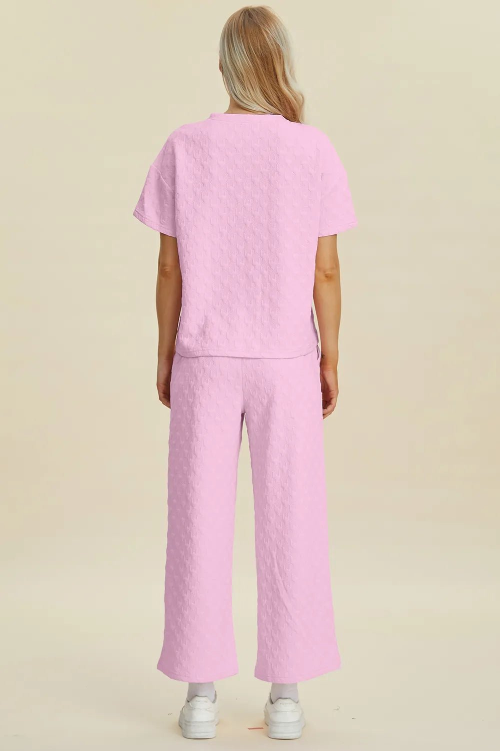 Double Take Full Size Texture Round Neck Short Sleeve Top and Pants Set - NORIVE