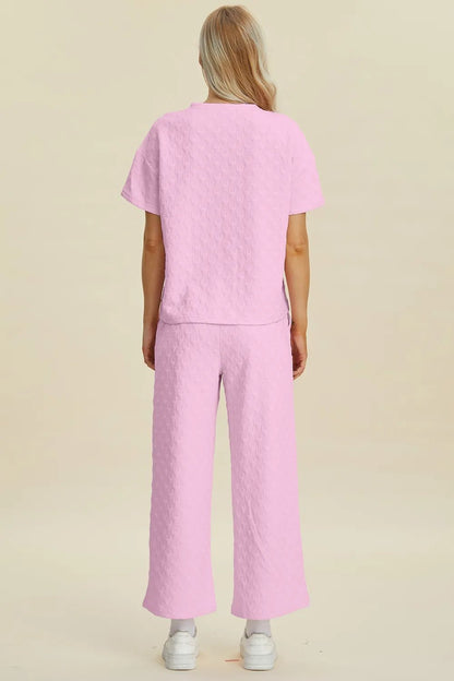 Double Take Full Size Texture Round Neck Short Sleeve Top and Pants Set - NORIVE