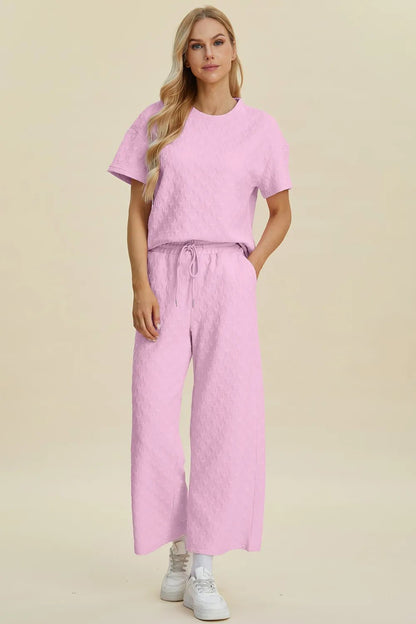 Double Take Full Size Texture Round Neck Short Sleeve Top and Pants Set - NORIVE