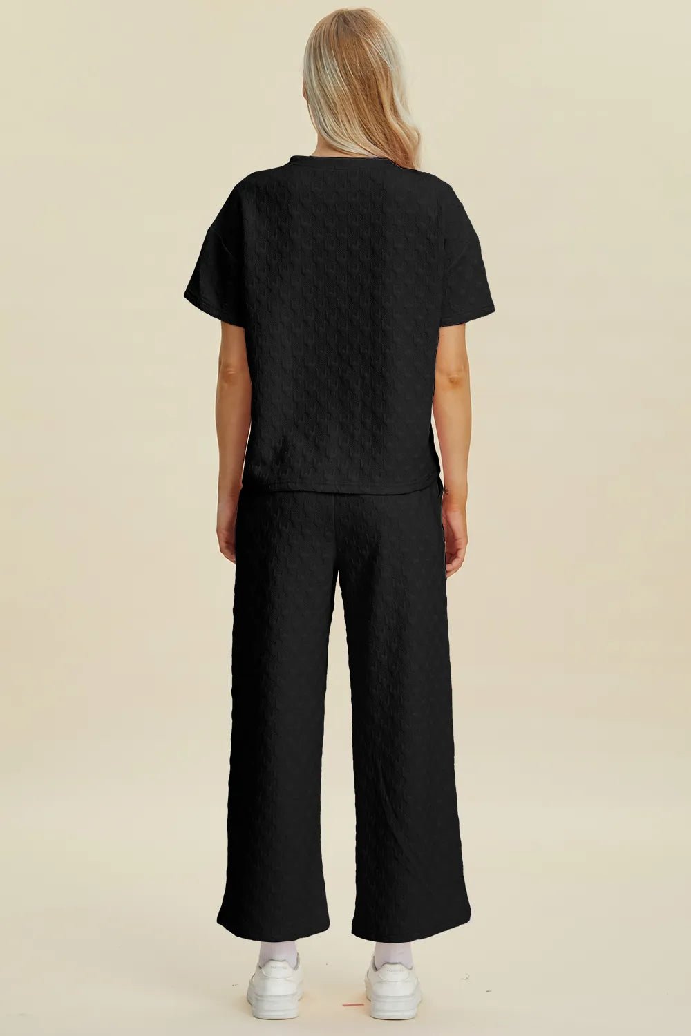 Double Take Full Size Texture Round Neck Short Sleeve Top and Pants Set - NORIVE