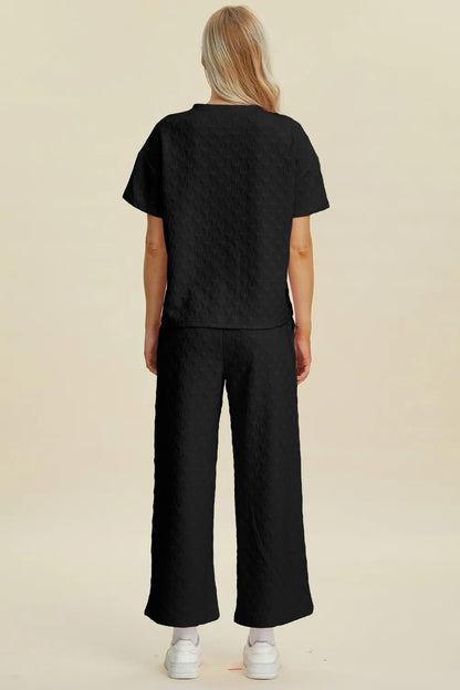 Double Take Full Size Texture Round Neck Short Sleeve Top and Pants Set - NORIVE