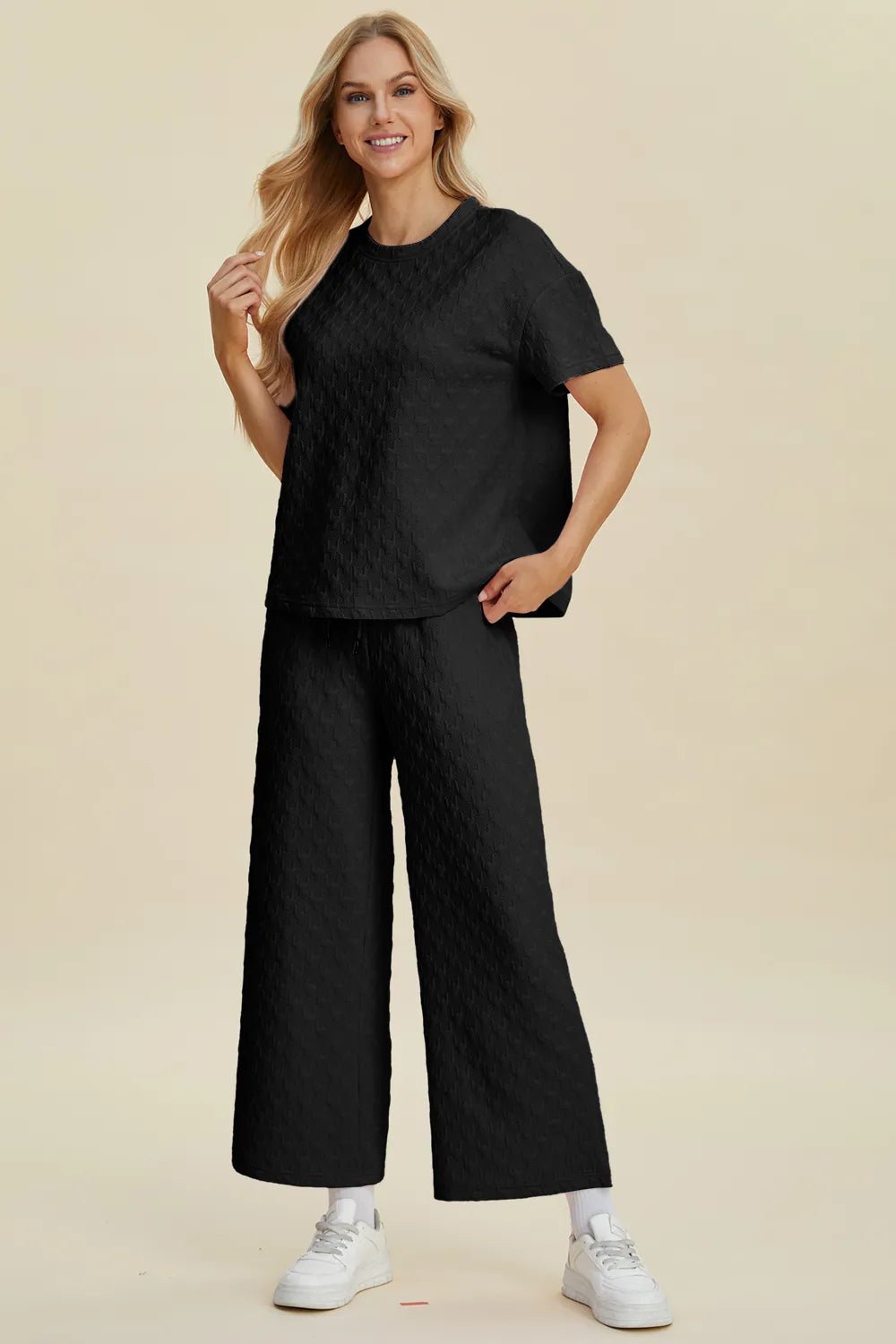 Double Take Full Size Texture Round Neck Short Sleeve Top and Pants Set - NORIVE