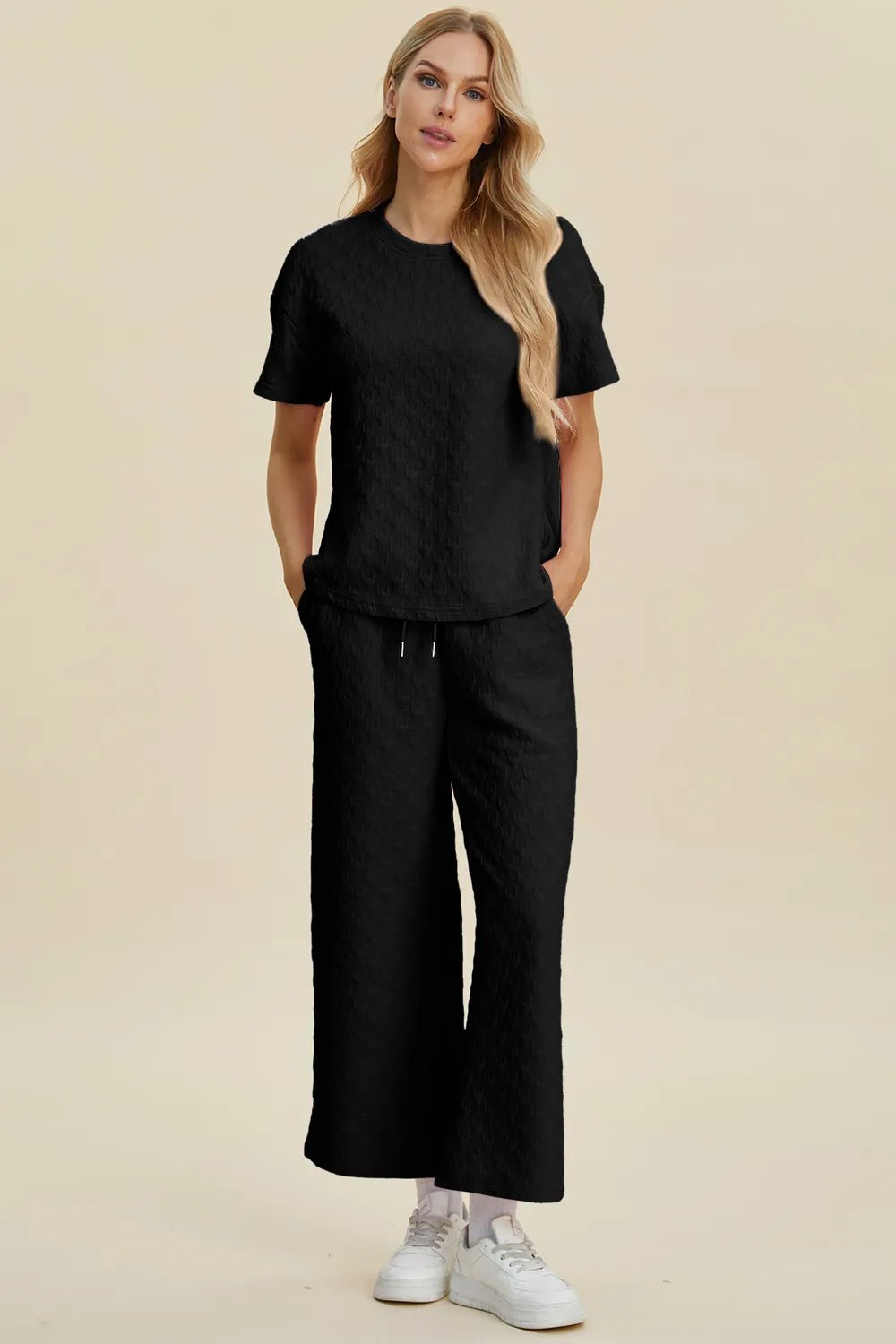 Double Take Full Size Texture Round Neck Short Sleeve Top and Pants Set - NORIVE
