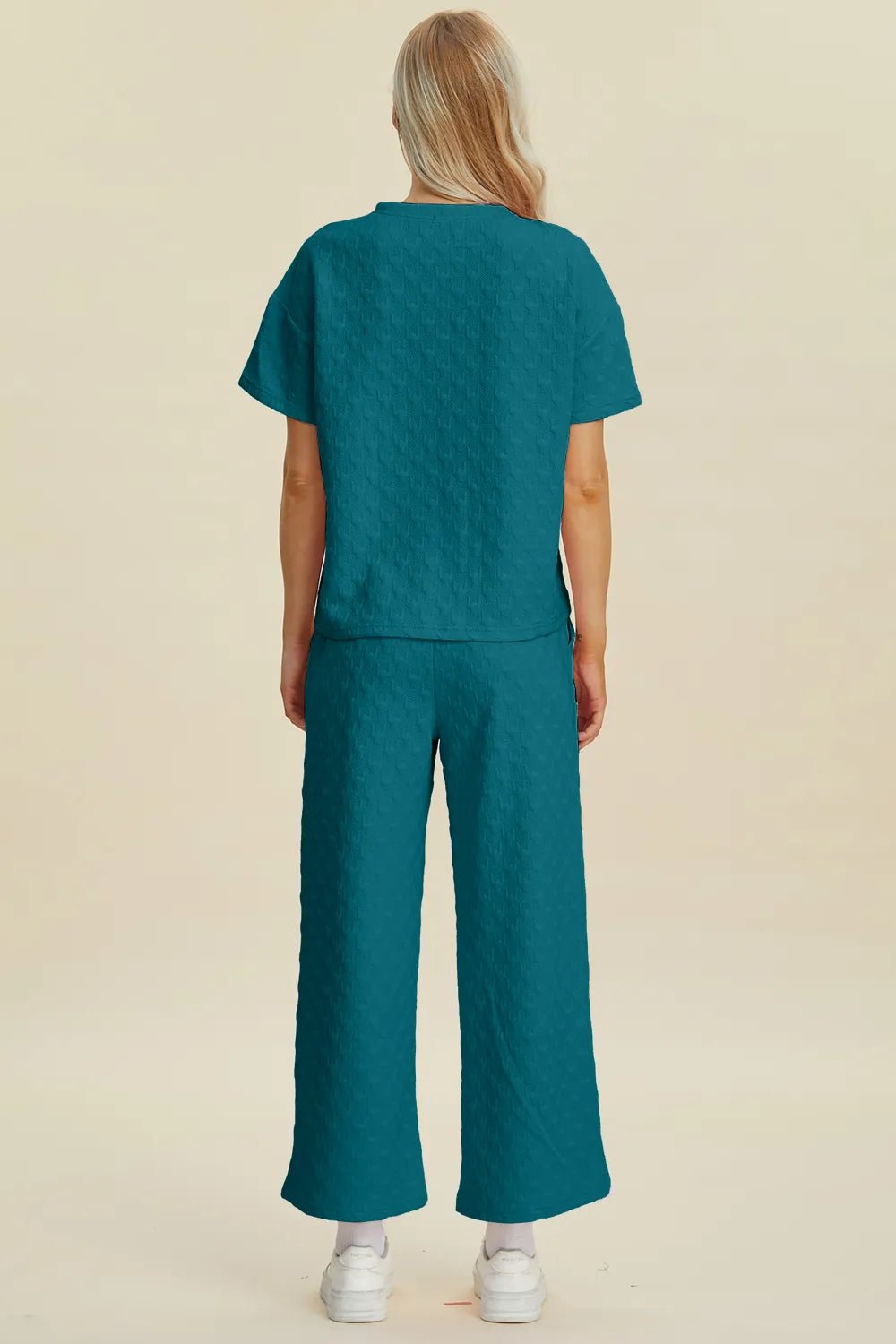 Double Take Full Size Texture Round Neck Short Sleeve Top and Pants Set - NORIVE