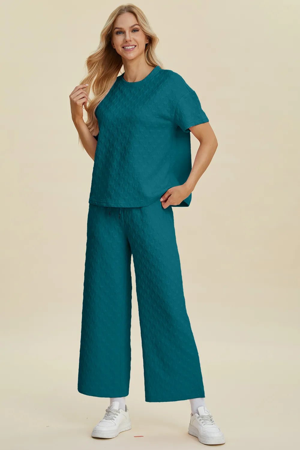 Double Take Full Size Texture Round Neck Short Sleeve Top and Pants Set - NORIVE