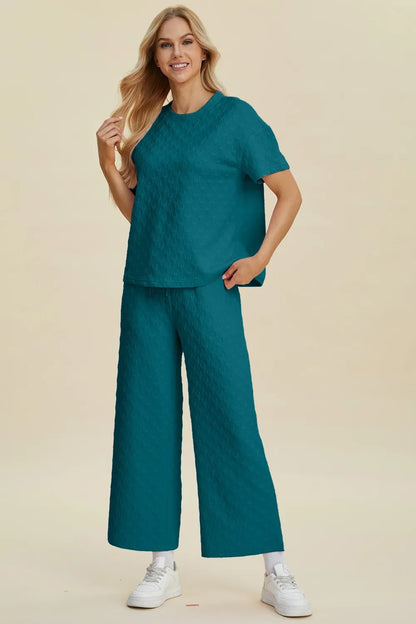 Double Take Full Size Texture Round Neck Short Sleeve Top and Pants Set - NORIVE