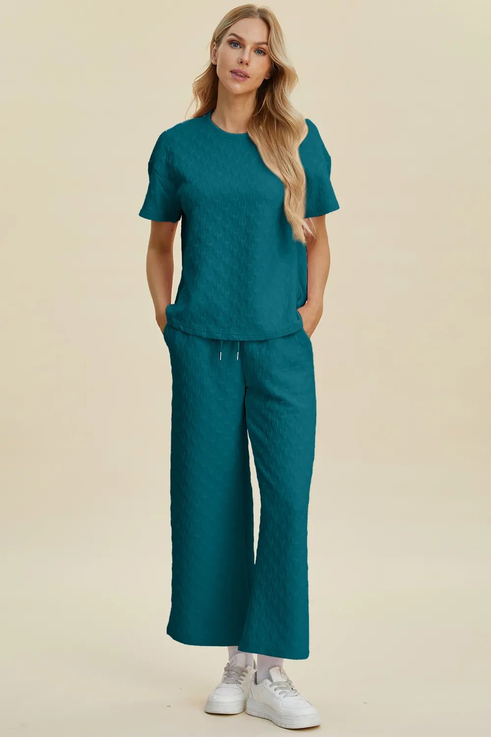 Double Take Full Size Texture Round Neck Short Sleeve Top and Pants Set - NORIVE