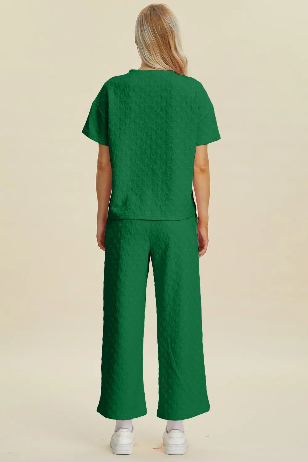 Double Take Full Size Texture Round Neck Short Sleeve Top and Pants Set - NORIVE