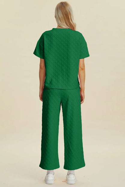 Double Take Full Size Texture Round Neck Short Sleeve Top and Pants Set - NORIVE