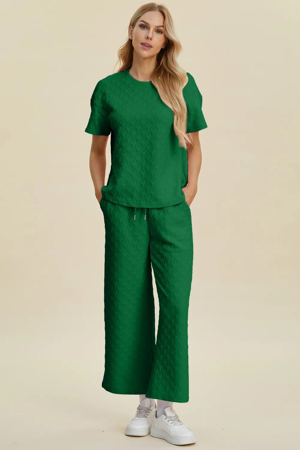 Double Take Full Size Texture Round Neck Short Sleeve Top and Pants Set - NORIVE