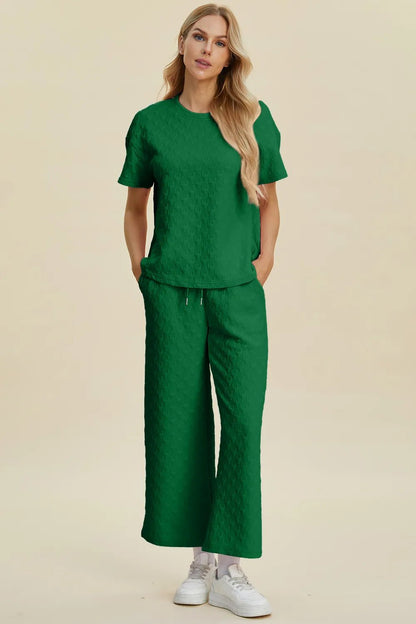Double Take Full Size Texture Round Neck Short Sleeve Top and Pants Set - NORIVE