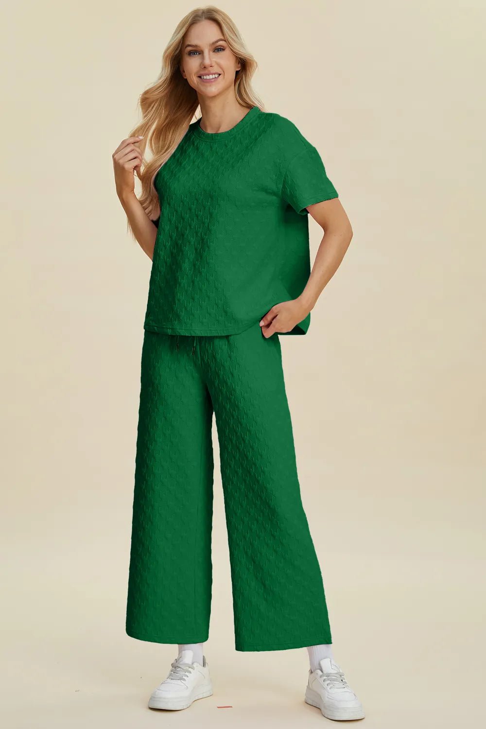 Double Take Full Size Texture Round Neck Short Sleeve Top and Pants Set - NORIVE