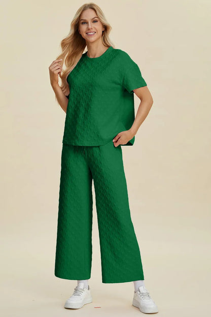 Double Take Full Size Texture Round Neck Short Sleeve Top and Pants Set - NORIVE