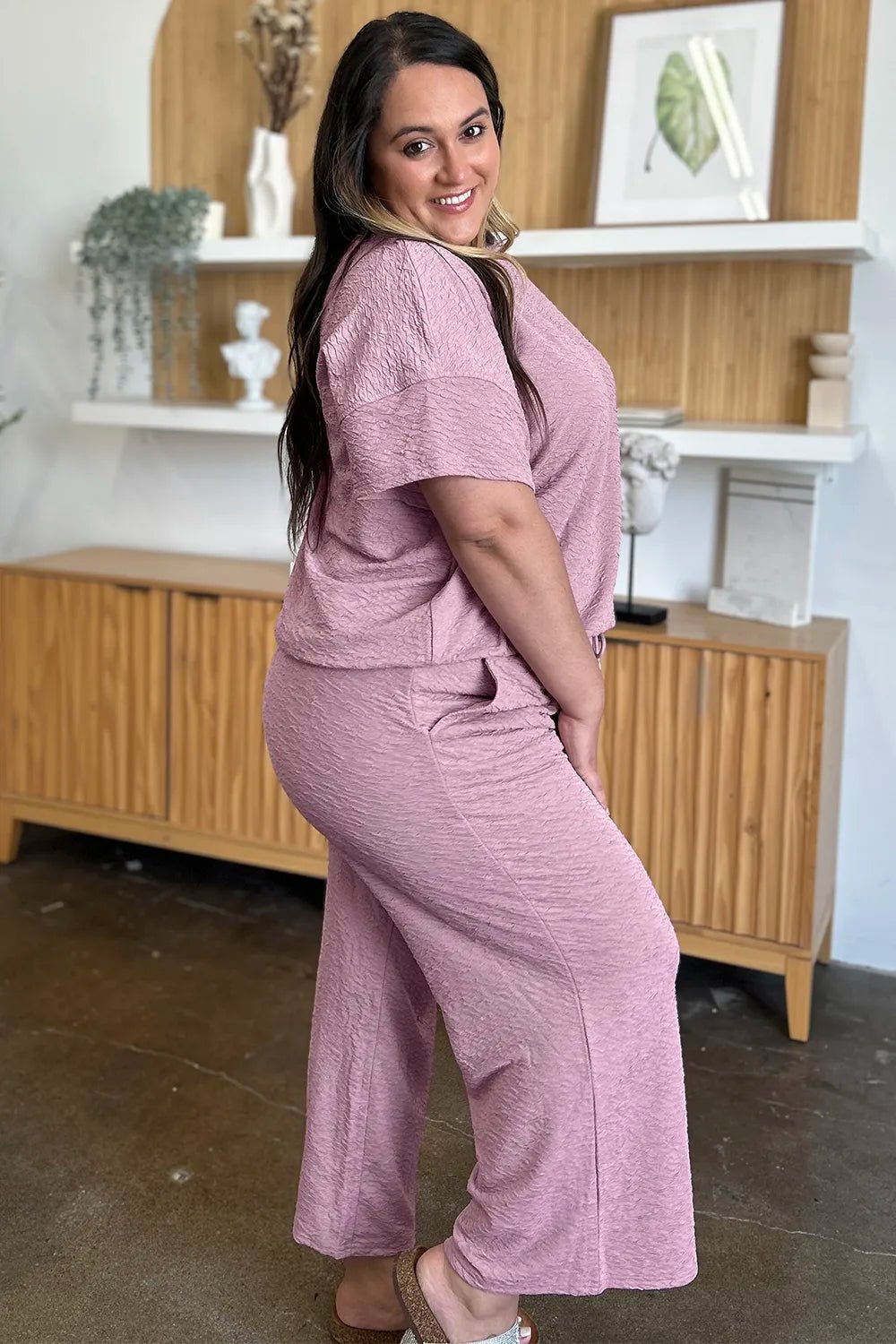 Double Take Full Size Texture Short Sleeve Top and Pants Set - NORIVE