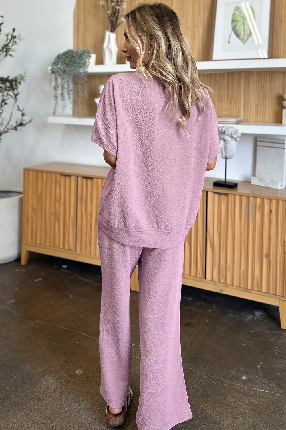 Double Take Full Size Texture Short Sleeve Top and Pants Set - NORIVE