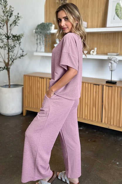 Double Take Full Size Texture Short Sleeve Top and Pants Set - NORIVE