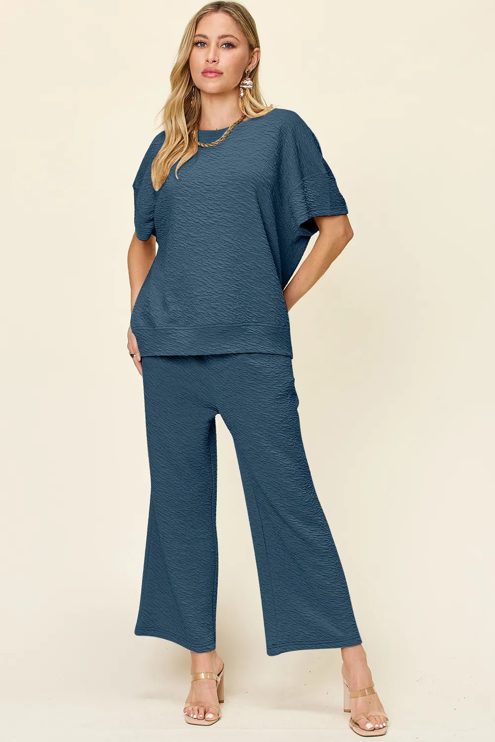 Double Take Full Size Texture Short Sleeve Top and Pants Set - NORIVE