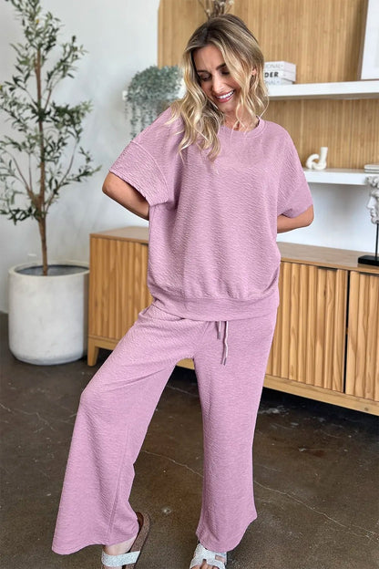 Double Take Full Size Texture Short Sleeve Top and Pants Set - NORIVE