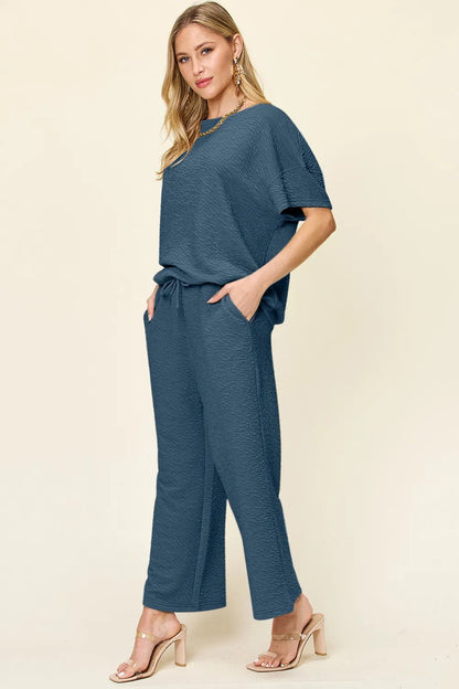 Double Take Full Size Texture Short Sleeve Top and Pants Set - NORIVE