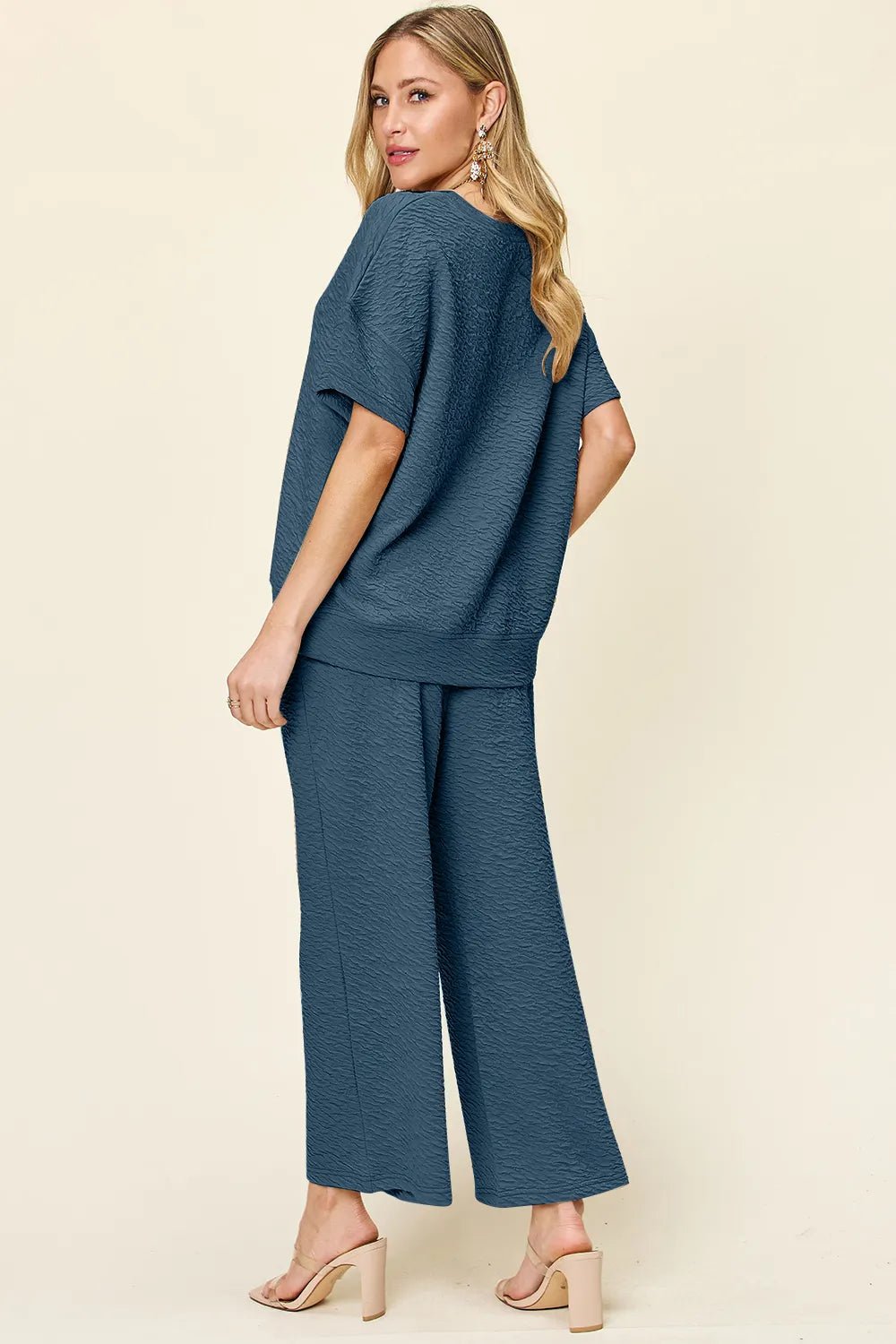 Double Take Full Size Texture Short Sleeve Top and Pants Set - NORIVE
