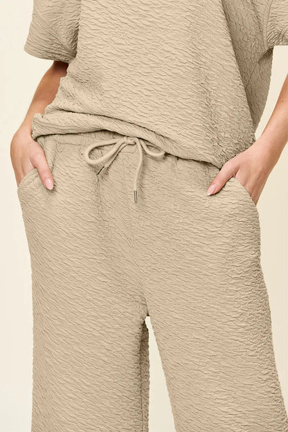 Double Take Full Size Texture Short Sleeve Top and Pants Set - NORIVE