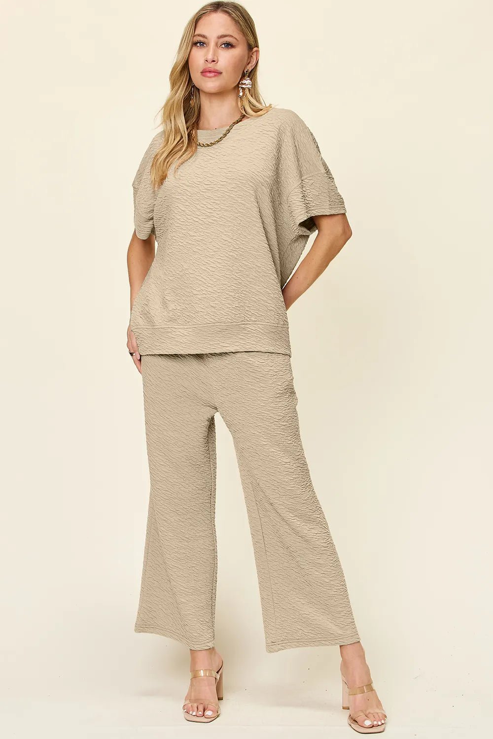 Double Take Full Size Texture Short Sleeve Top and Pants Set - NORIVE