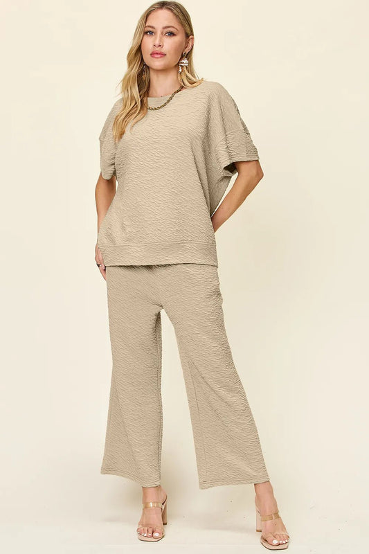 Double Take Full Size Texture Short Sleeve Top and Pants Set - NORIVE