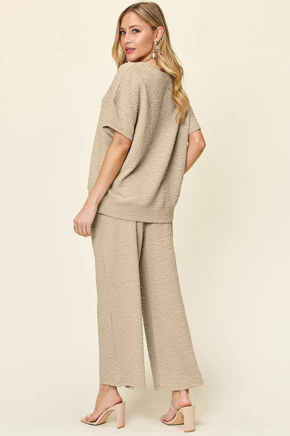 Double Take Full Size Texture Short Sleeve Top and Pants Set - NORIVE