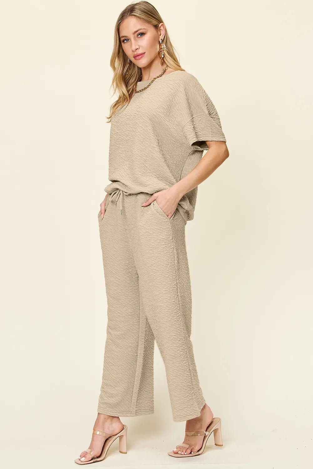 Double Take Full Size Texture Short Sleeve Top and Pants Set - NORIVE