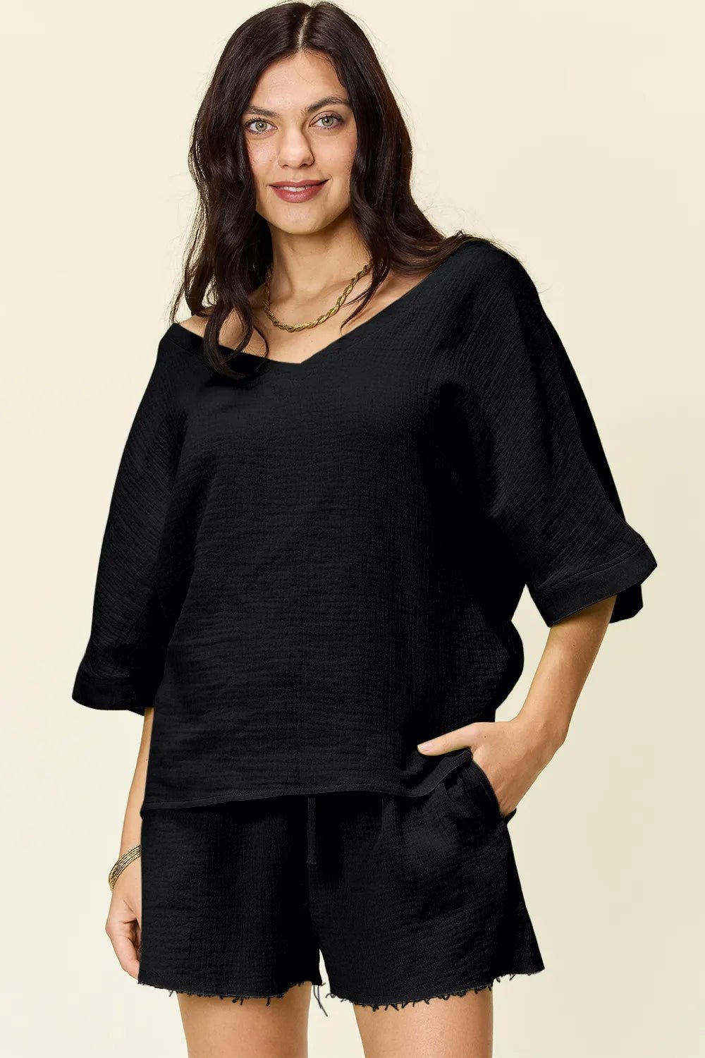 Double Take Texture Half Sleeve T-Shirt and Drawstring Shorts Set - NORIVE