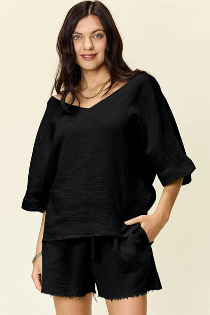 Double Take Texture Half Sleeve T-Shirt and Drawstring Shorts Set - NORIVE