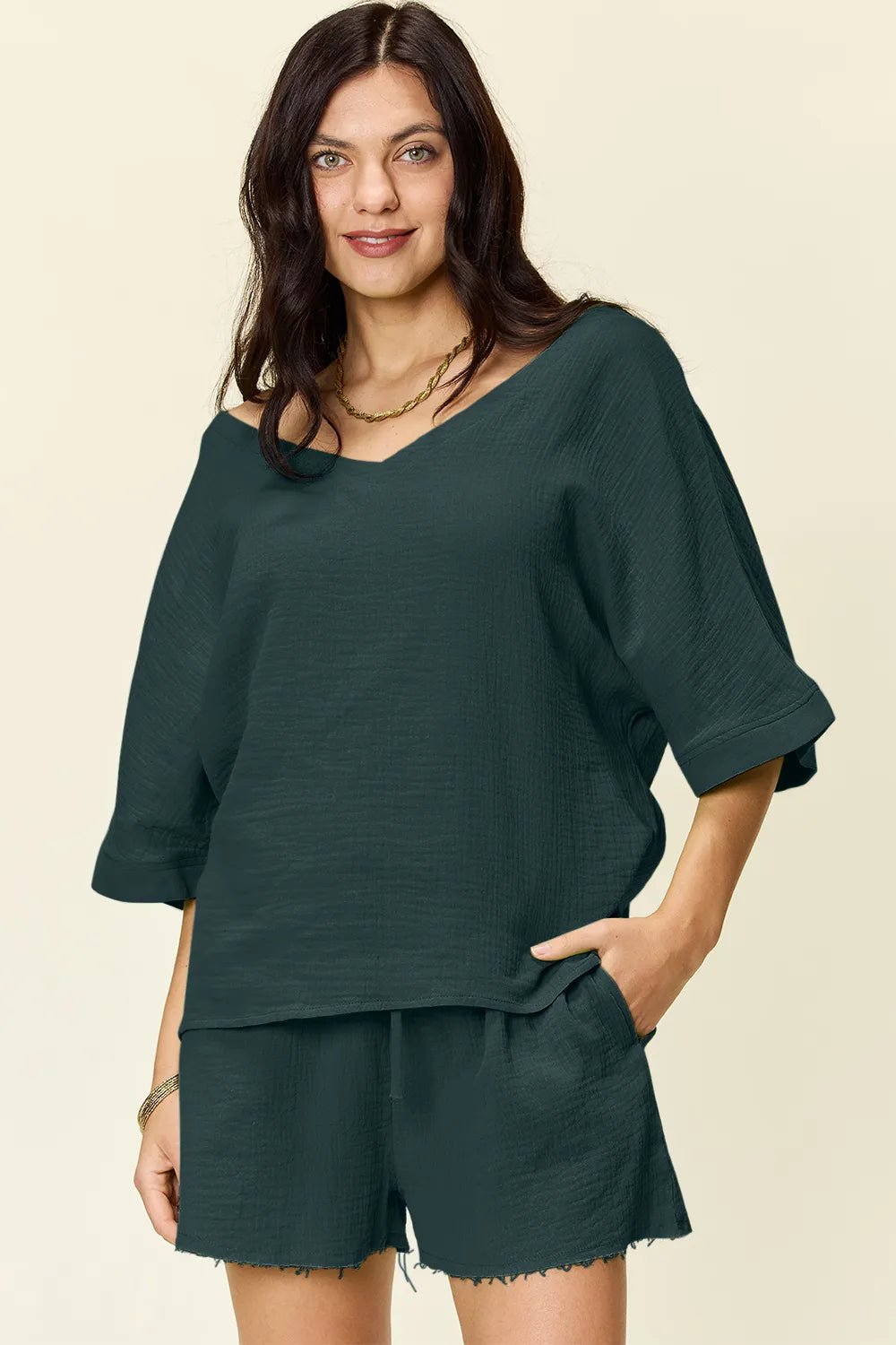 Double Take Texture Half Sleeve T-Shirt and Drawstring Shorts Set - NORIVE