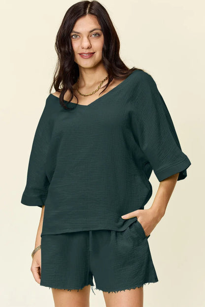 Double Take Texture Half Sleeve T-Shirt and Drawstring Shorts Set - NORIVE