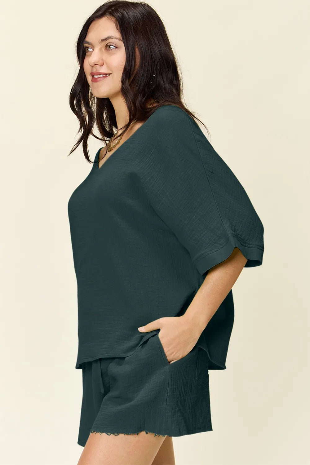 Double Take Texture Half Sleeve T-Shirt and Drawstring Shorts Set - NORIVE