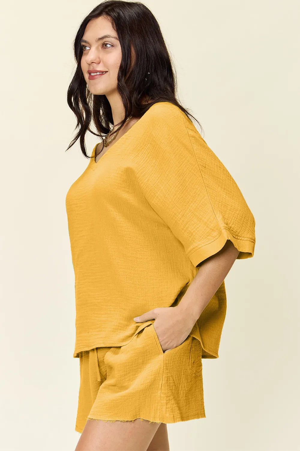 Double Take Texture Half Sleeve T-Shirt and Drawstring Shorts Set - NORIVE