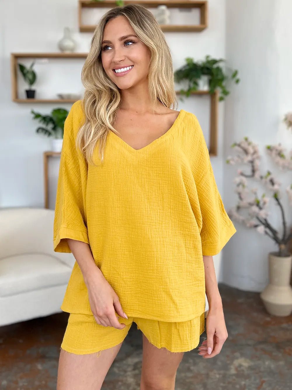 Double Take Texture Half Sleeve T-Shirt and Drawstring Shorts Set - NORIVE