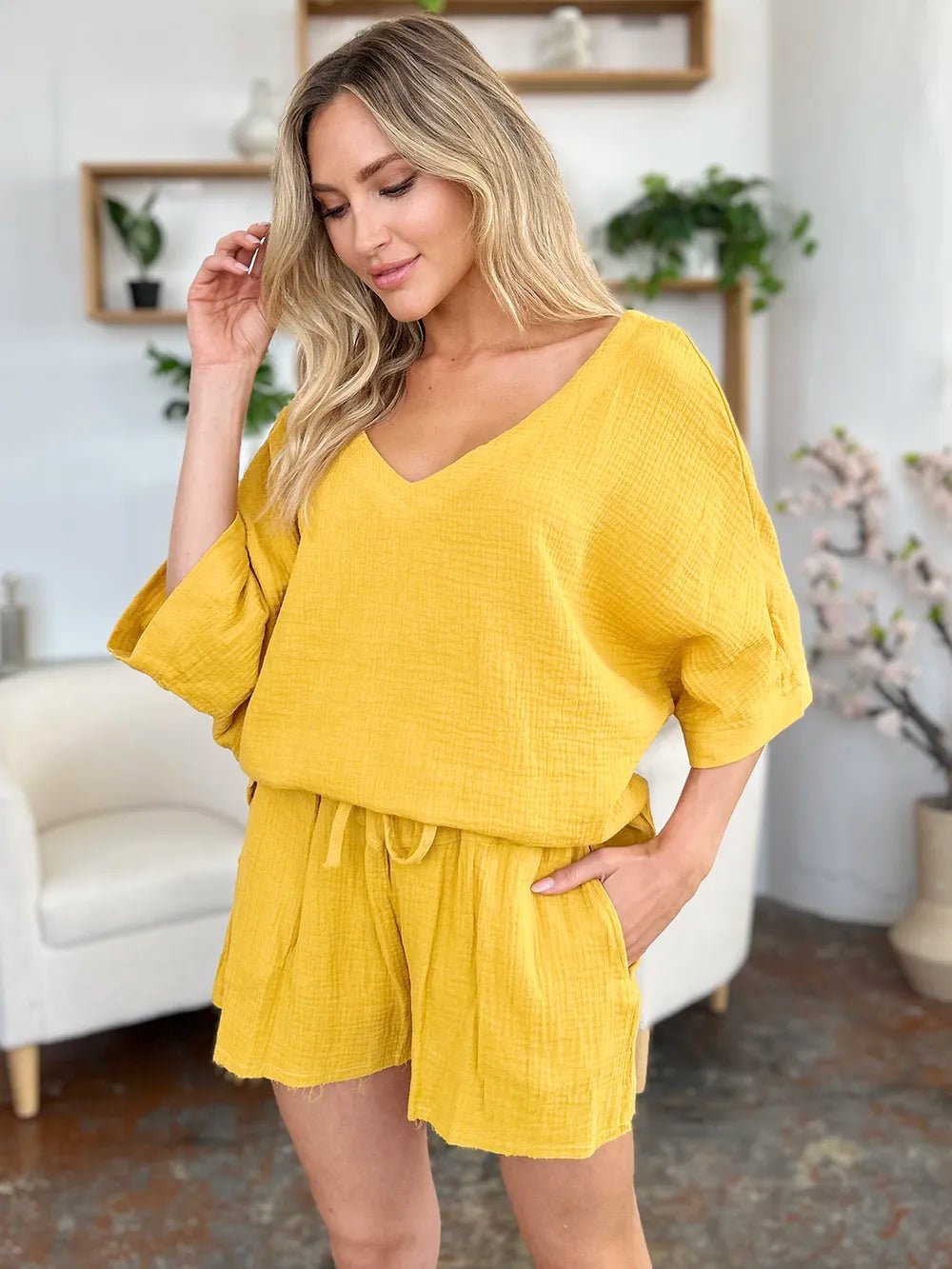 Double Take Texture Half Sleeve T-Shirt and Drawstring Shorts Set - NORIVE