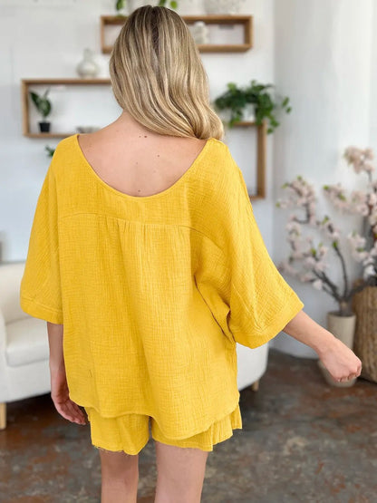 Double Take Texture Half Sleeve T-Shirt and Drawstring Shorts Set - NORIVE