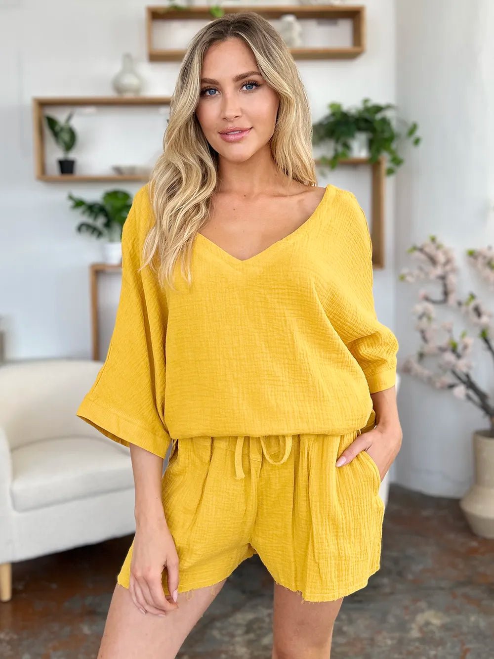 Double Take Texture Half Sleeve T-Shirt and Drawstring Shorts Set - NORIVE