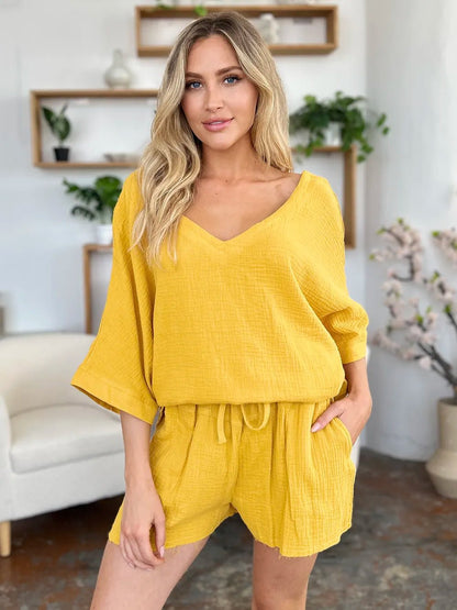 Double Take Texture Half Sleeve T-Shirt and Drawstring Shorts Set - NORIVE