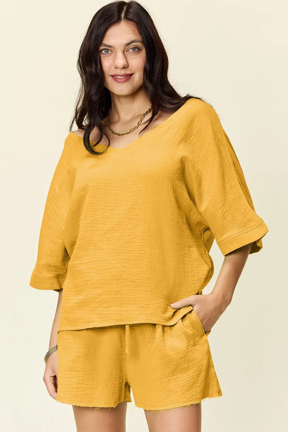 Double Take Texture Half Sleeve T-Shirt and Drawstring Shorts Set - NORIVE