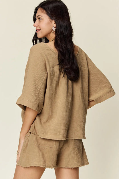 Double Take Texture Half Sleeve T-Shirt and Drawstring Shorts Set - NORIVE