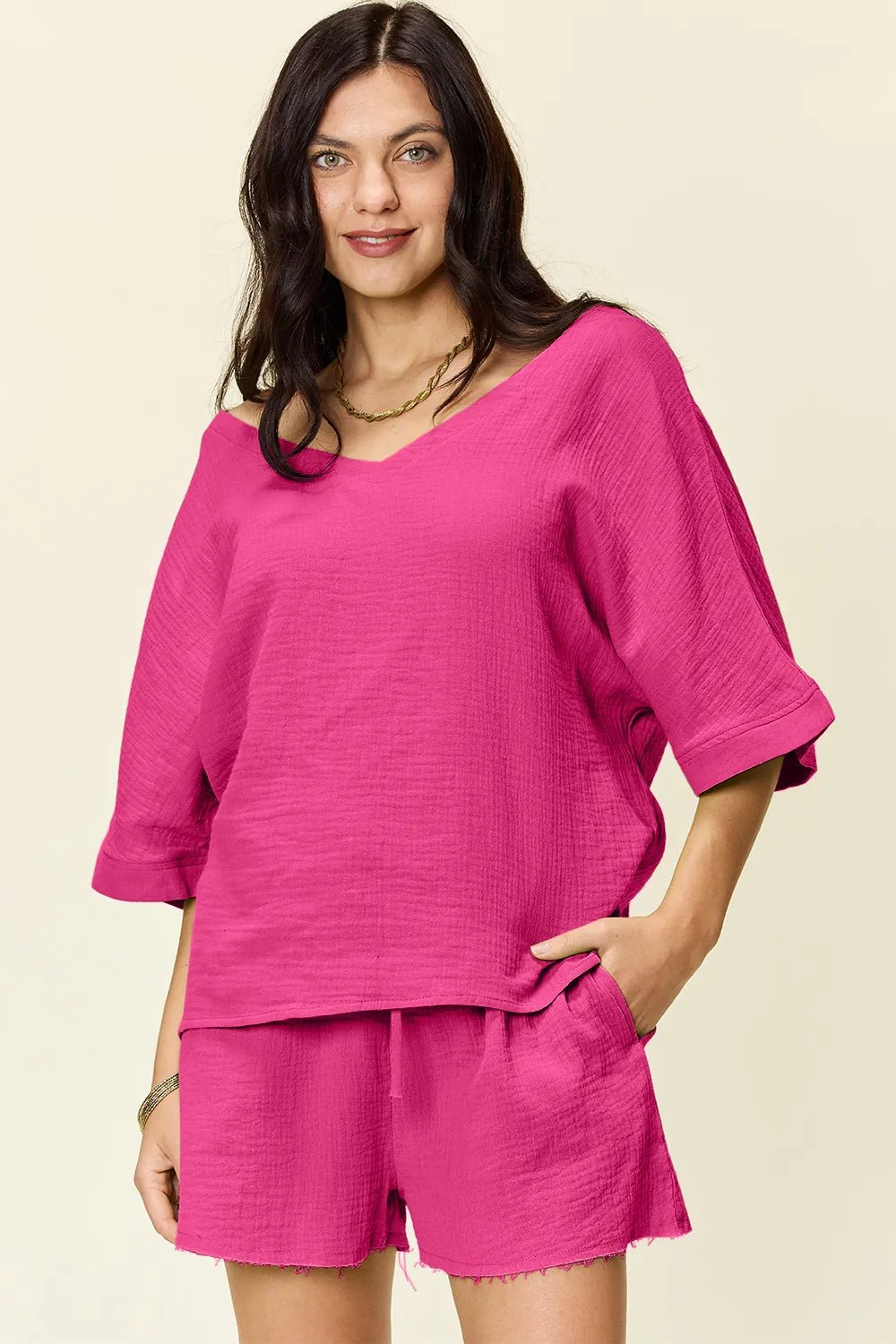 Double Take Texture Half Sleeve T-Shirt and Drawstring Shorts Set - NORIVE