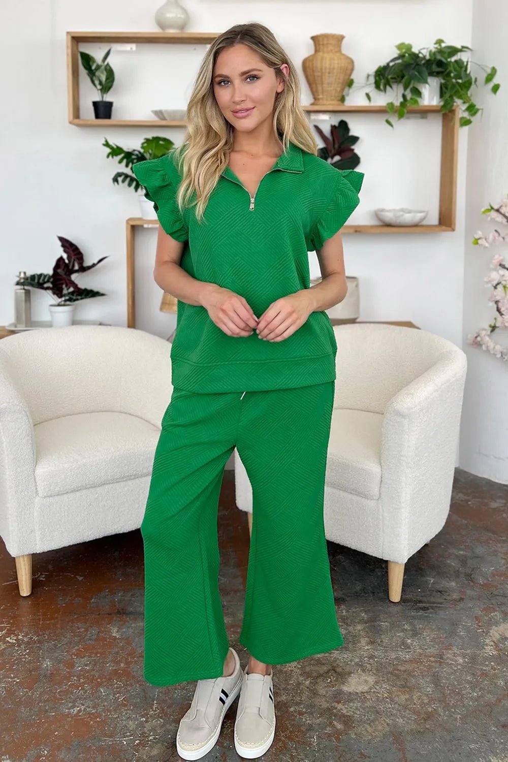 Double Take Texture Ruffle Short Sleeve Top and Drawstring Wide Leg Pants Set - NORIVE